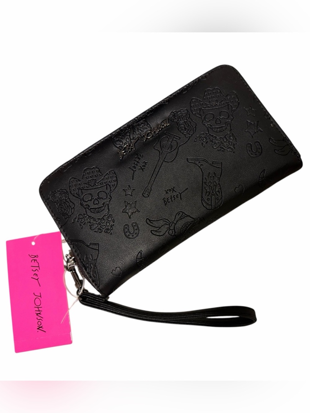 Betsey Johnson Skeleton Cowboy Embossed Zip Around Wristlet